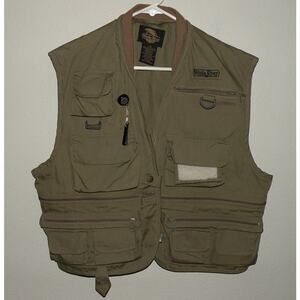 White River Fly Shop Men’s Large Fishing Vest Green 21 Zipper Hook/Loop Pockets